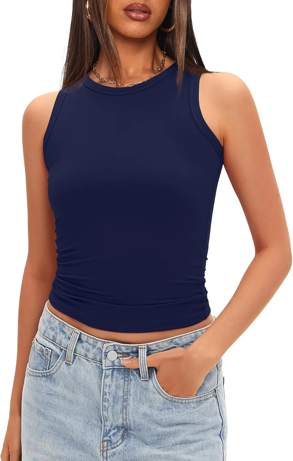 Darong Women Double Lined Racerback Tank Tops Summer Basic High Neck Sleeveless Fitted Tank Shirt