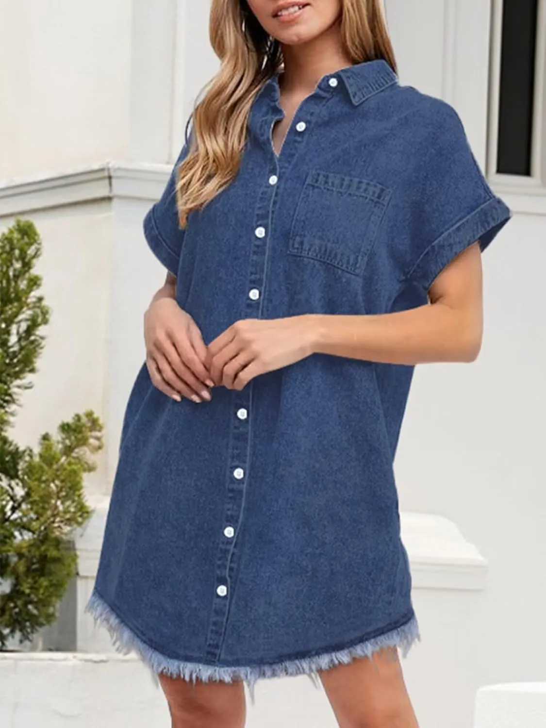 Denim Dress for Women 2025 Summer Dresses Loose Short Sleeve Button Up Jean Shirt Dress with Side Pockets Frayed Hem