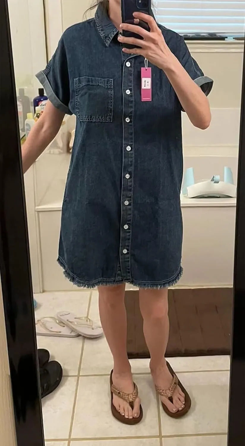 Denim Dress for Women 2025 Summer Dresses Loose Short Sleeve Button Up Jean Shirt Dress with Side Pockets Frayed Hem