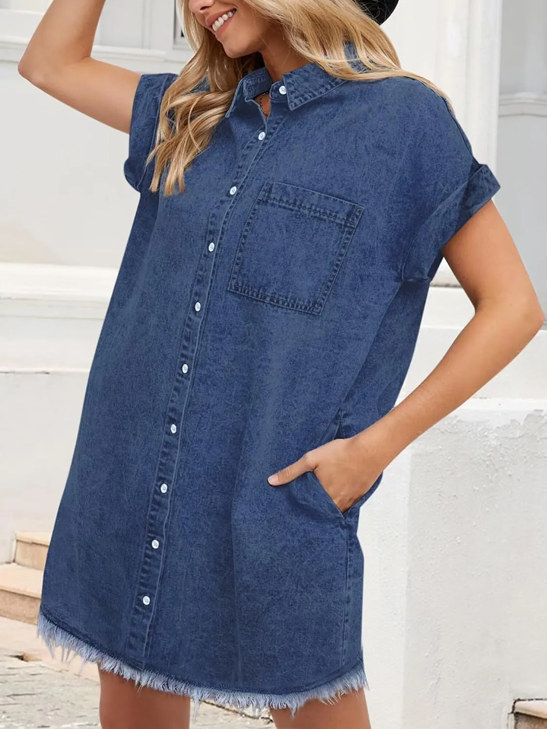 Denim Dress for Women 2025 Summer Dresses Loose Short Sleeve Button Up Jean Shirt Dress with Side Pockets Frayed Hem