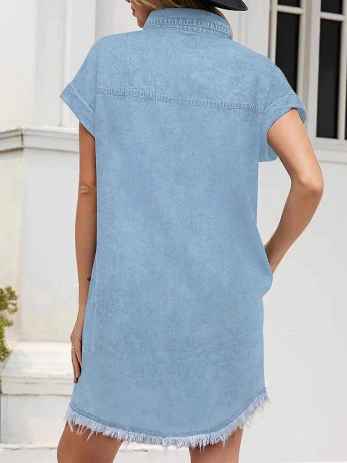 Denim Dress for Women 2025 Summer Dresses Loose Short Sleeve Button Up Jean Shirt Dress with Side Pockets Frayed Hem