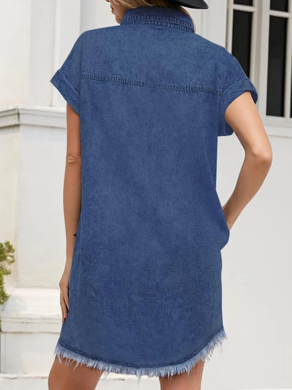 Denim Dress for Women 2025 Summer Dresses Loose Short Sleeve Button Up Jean Shirt Dress with Side Pockets Frayed Hem