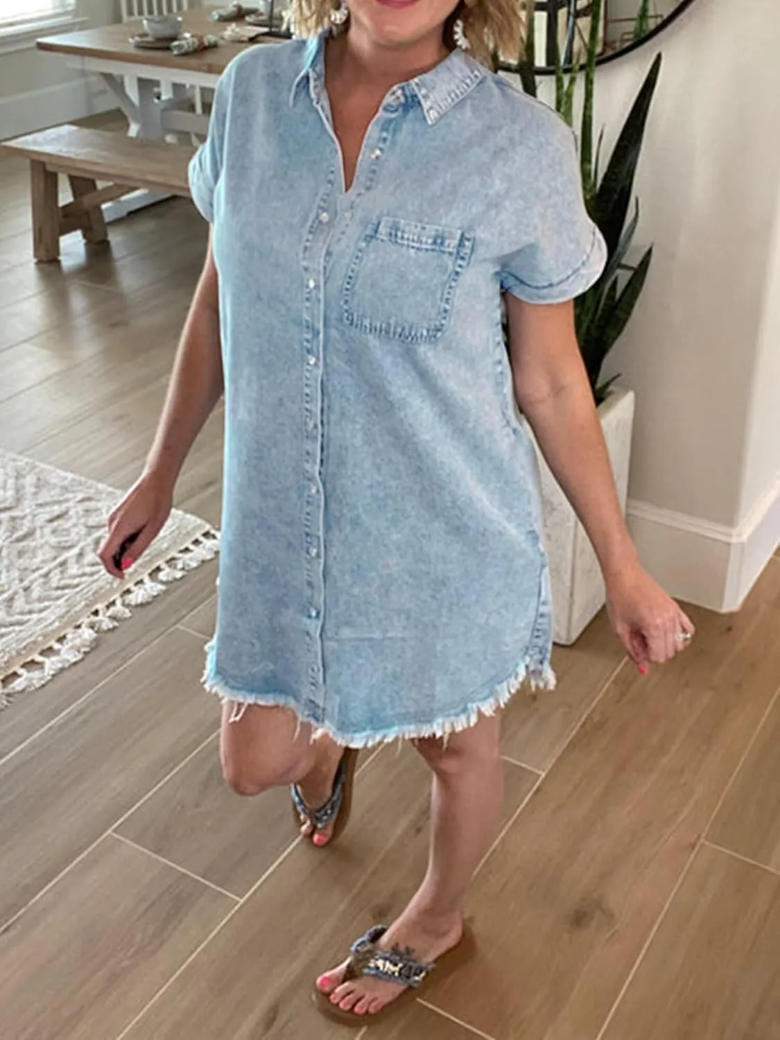 Denim Dress for Women 2025 Summer Dresses Loose Short Sleeve Button Up Jean Shirt Dress with Side Pockets Frayed Hem