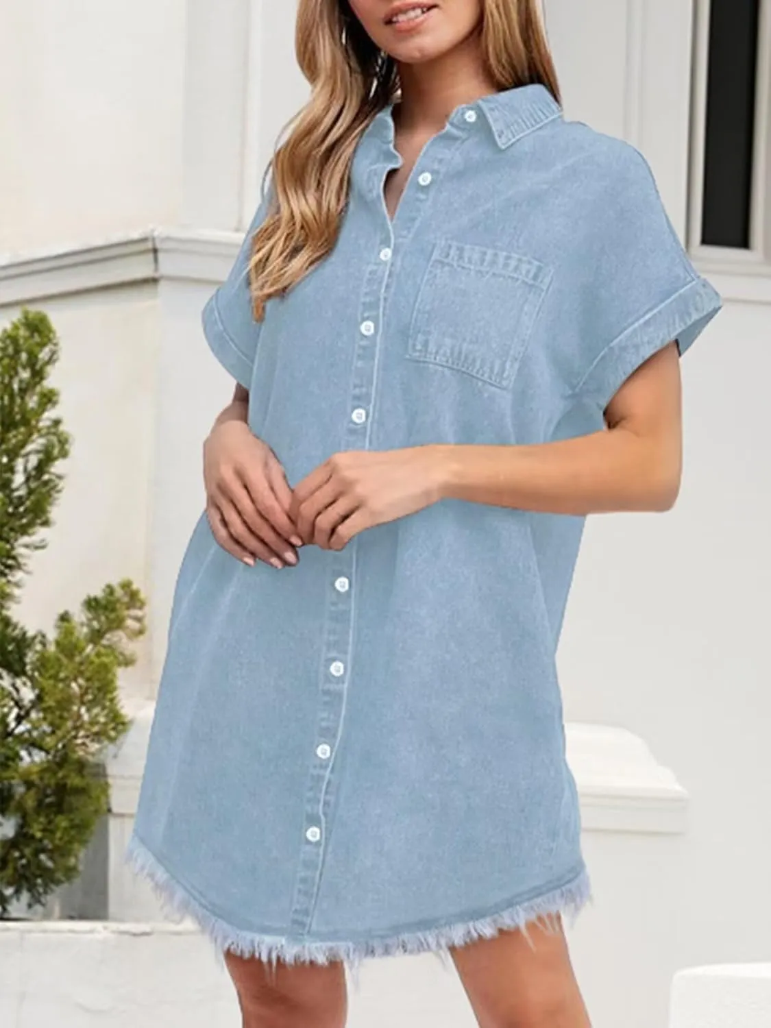 Denim Dress for Women 2025 Summer Dresses Loose Short Sleeve Button Up Jean Shirt Dress with Side Pockets Frayed Hem