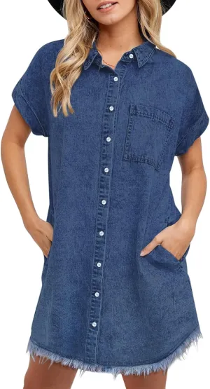 Denim Dress for Women 2025 Summer Dresses Loose Short Sleeve Button Up Jean Shirt Dress with Side Pockets Frayed Hem