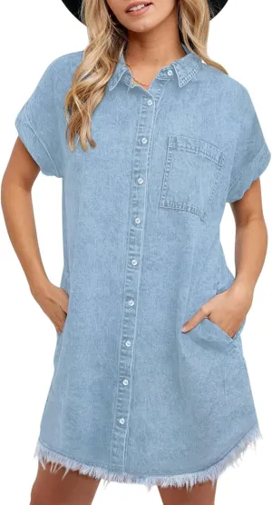 Denim Dress for Women 2025 Summer Dresses Loose Short Sleeve Button Up Jean Shirt Dress with Side Pockets Frayed Hem