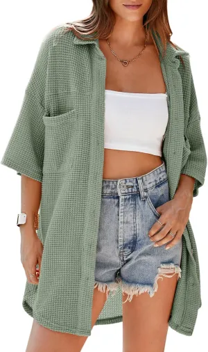 Dokotoo Womens Waffle Knit Tops Casual 3/4 Bell Sleeve Button Down Shirts Lapel V Neck Dressy Blouses with Pocket