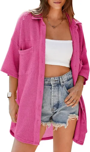 Dokotoo Womens Waffle Knit Tops Casual 3/4 Bell Sleeve Button Down Shirts Lapel V Neck Dressy Blouses with Pocket