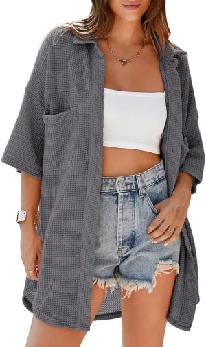 Dokotoo Womens Waffle Knit Tops Casual 3/4 Bell Sleeve Button Down Shirts Lapel V Neck Dressy Blouses with Pocket
