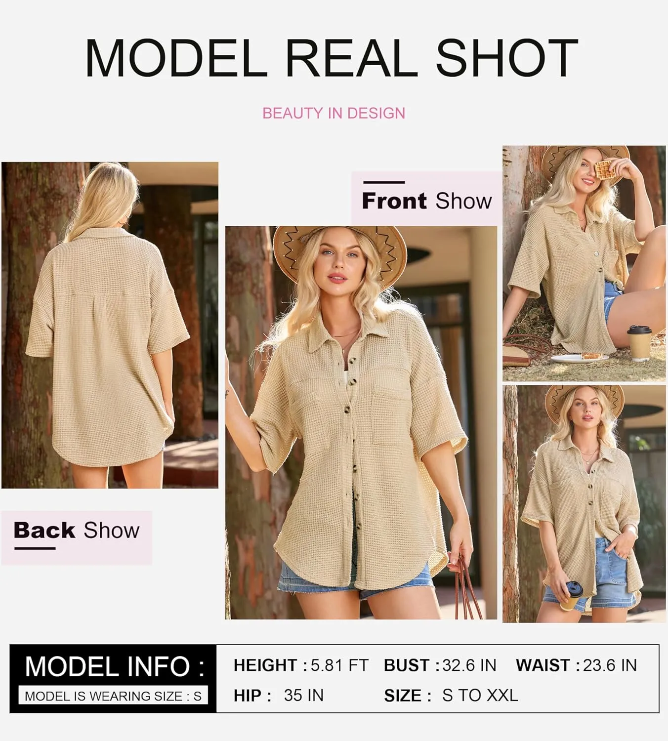 Dokotoo Womens Waffle Knit Tops Casual 3/4 Bell Sleeve Button Down Shirts Lapel V Neck Dressy Blouses with Pocket