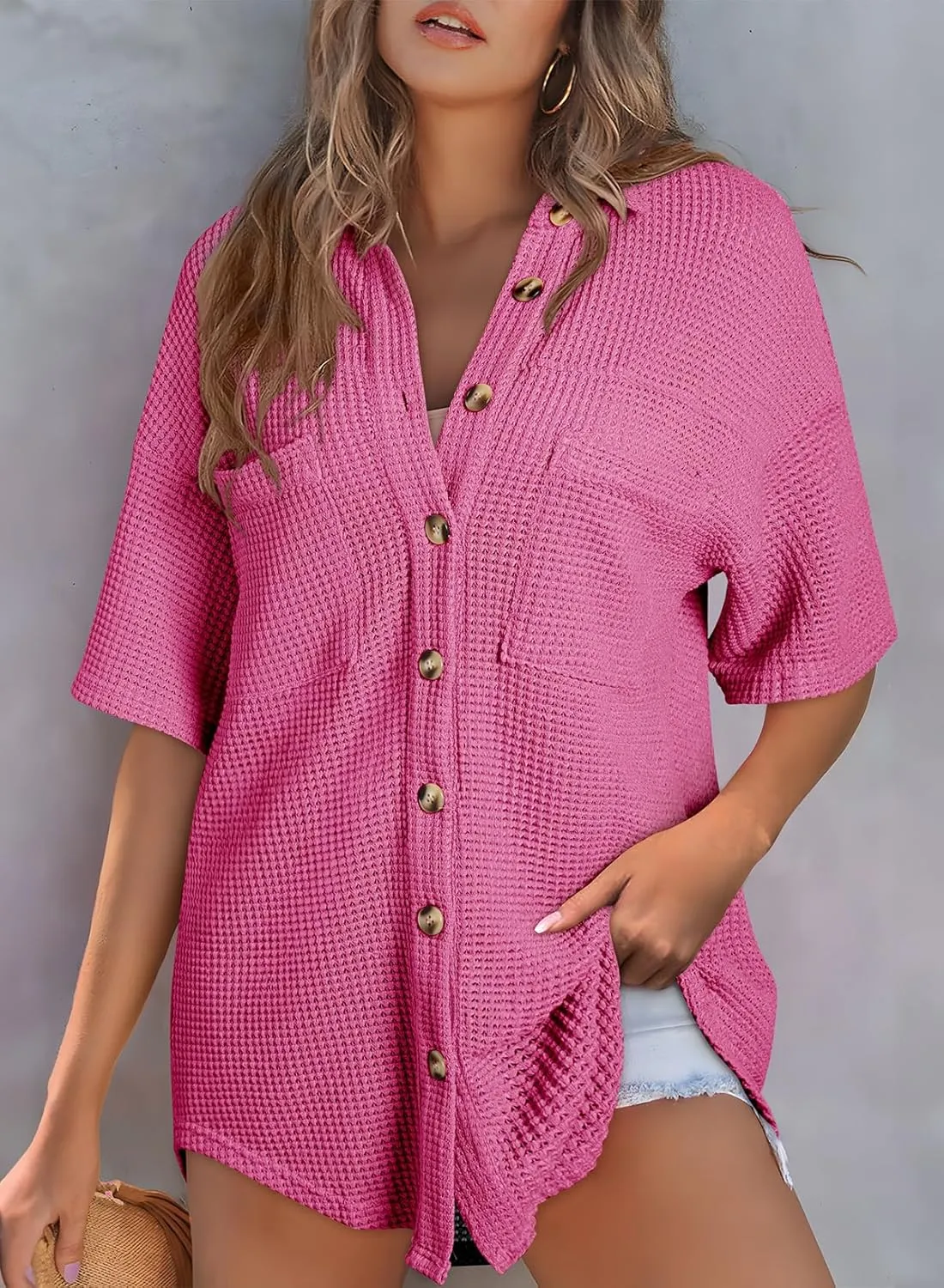 Dokotoo Womens Waffle Knit Tops Casual 3/4 Bell Sleeve Button Down Shirts Lapel V Neck Dressy Blouses with Pocket