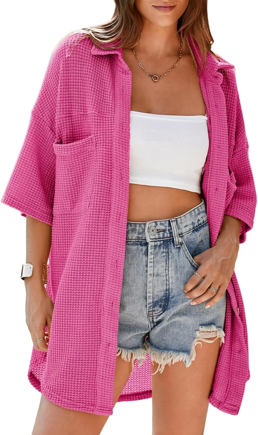 Dokotoo Womens Waffle Knit Tops Casual 3/4 Bell Sleeve Button Down Shirts Lapel V Neck Dressy Blouses with Pocket