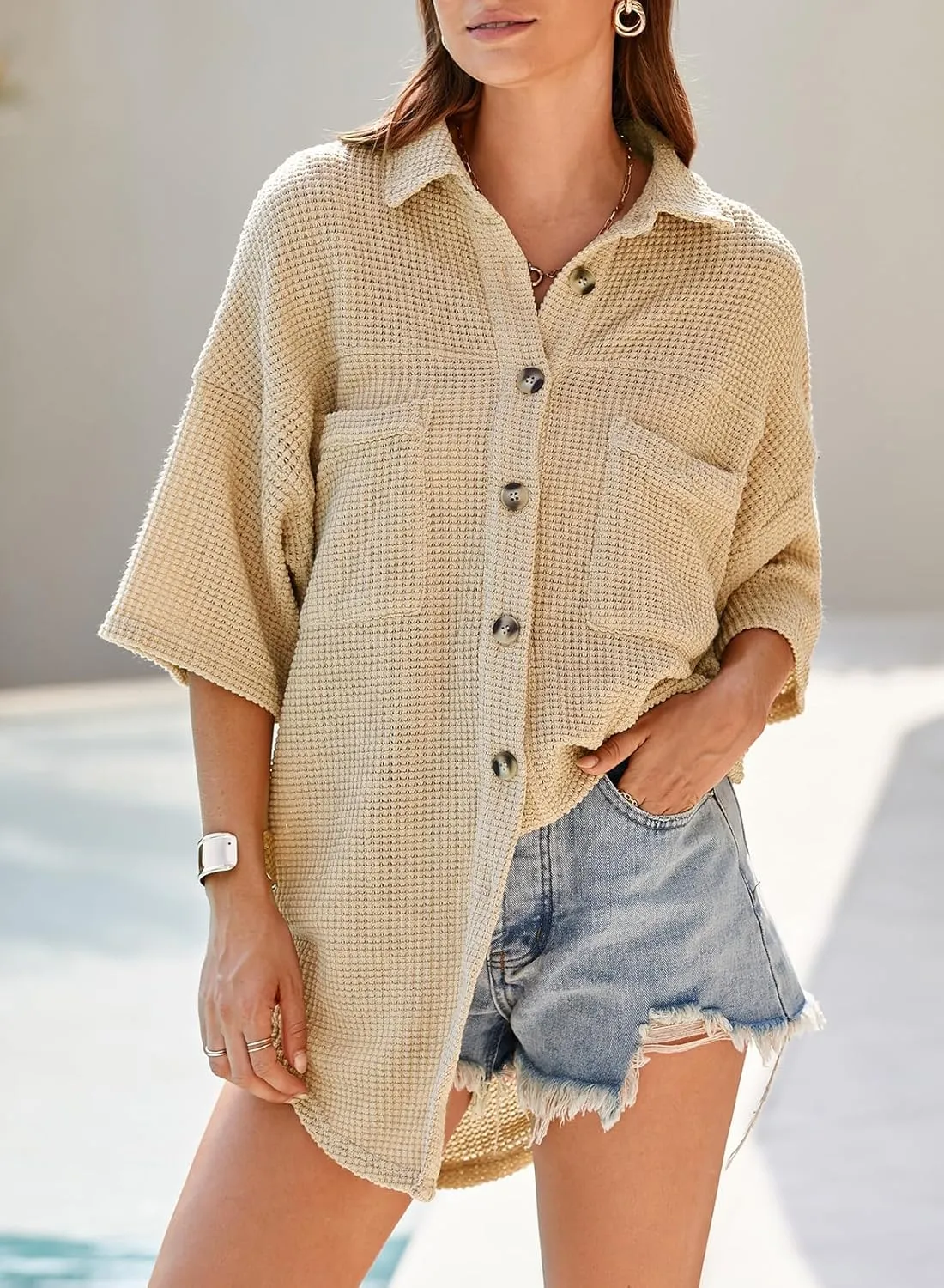 Dokotoo Womens Waffle Knit Tops Casual 3/4 Bell Sleeve Button Down Shirts Lapel V Neck Dressy Blouses with Pocket