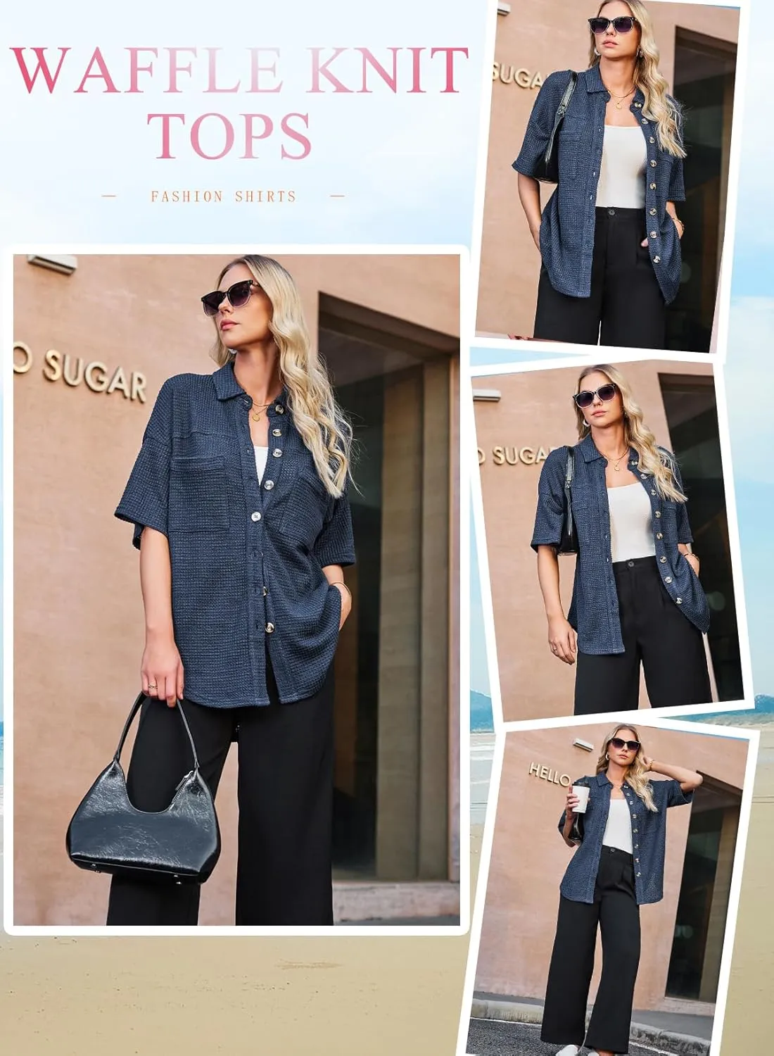 Dokotoo Womens Waffle Knit Tops Casual 3/4 Bell Sleeve Button Down Shirts Lapel V Neck Dressy Blouses with Pocket