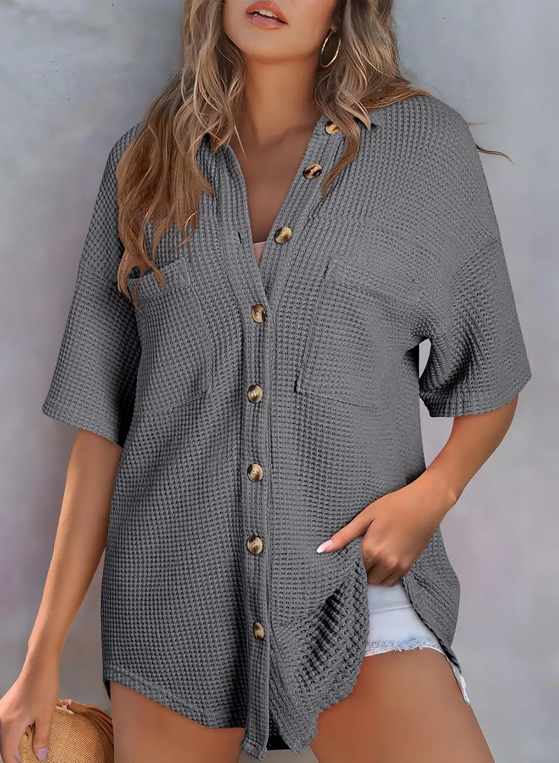 Dokotoo Womens Waffle Knit Tops Casual 3/4 Bell Sleeve Button Down Shirts Lapel V Neck Dressy Blouses with Pocket