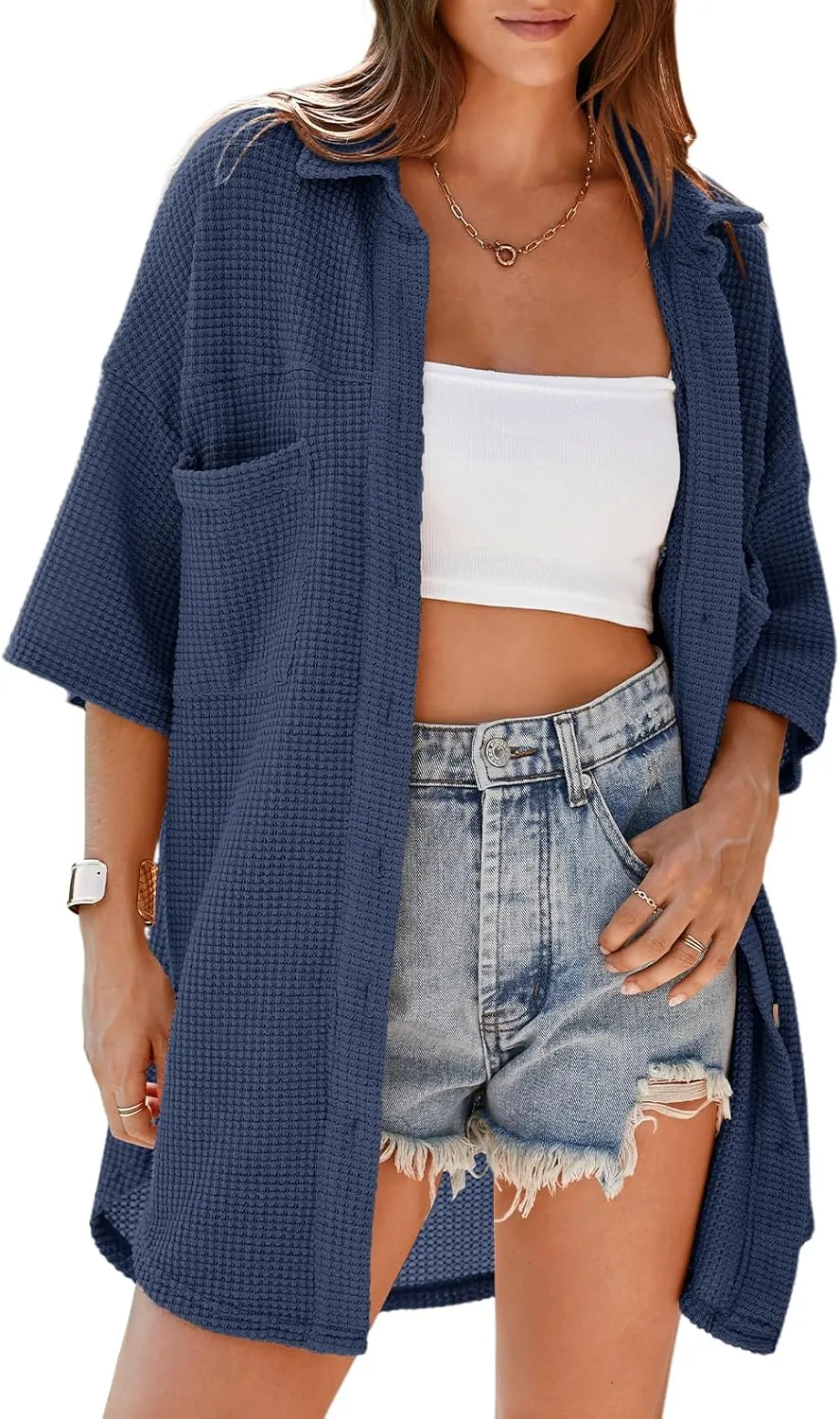Dokotoo Womens Waffle Knit Tops Casual 3/4 Bell Sleeve Button Down Shirts Lapel V Neck Dressy Blouses with Pocket