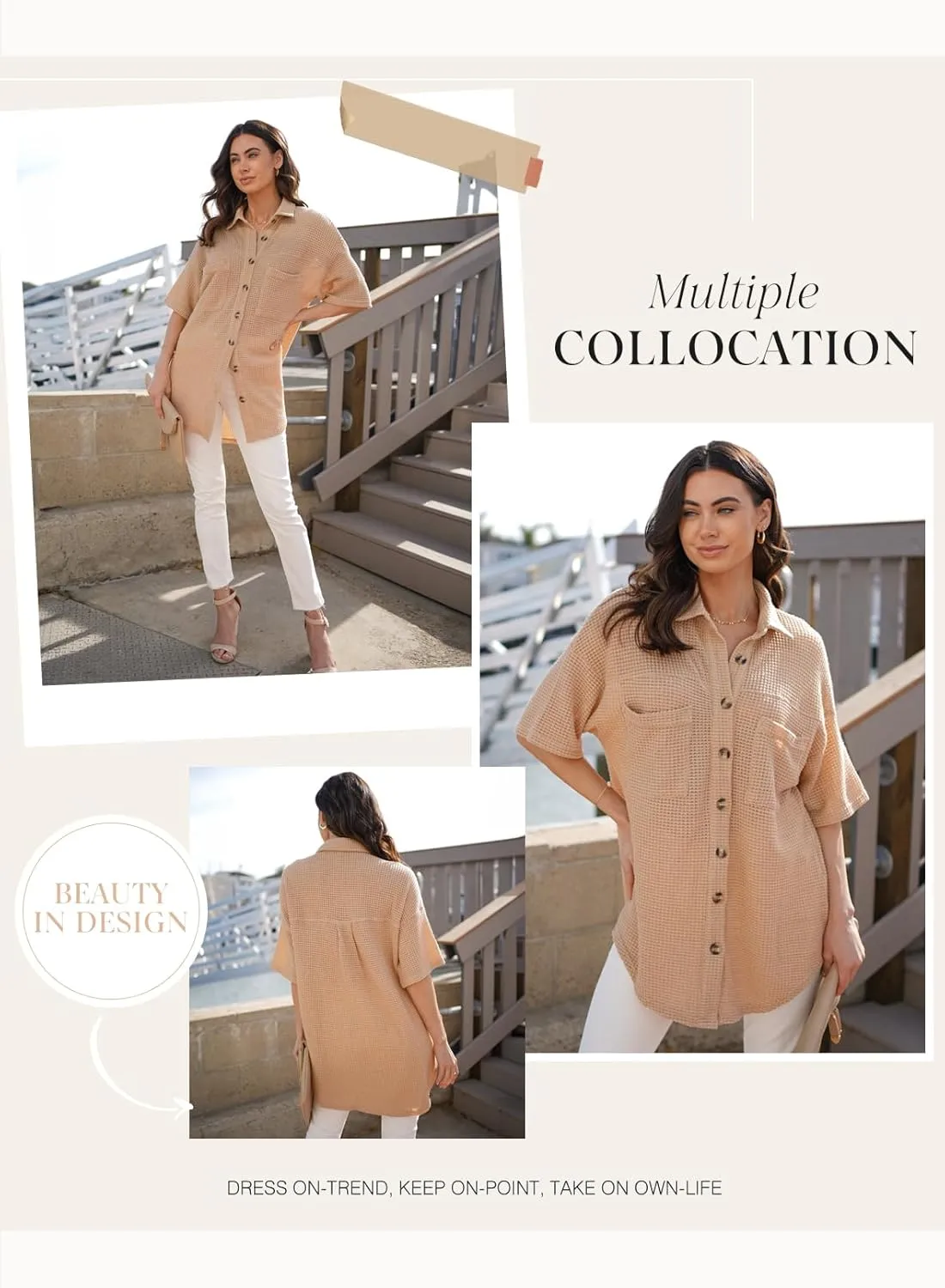 Dokotoo Womens Waffle Knit Tops Casual 3/4 Bell Sleeve Button Down Shirts Lapel V Neck Dressy Blouses with Pocket