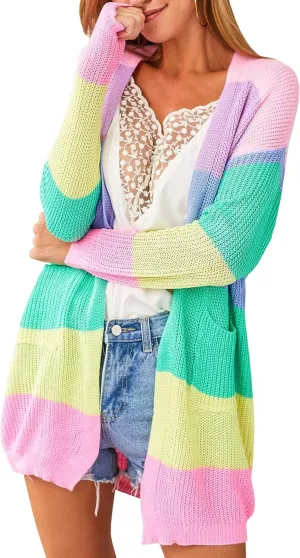 ECOWISH Cardigan Sweaters for Women Fall Causal Color Block Striped Long Sleeve Open Front Cozy Knitted Coats Spring Outwear