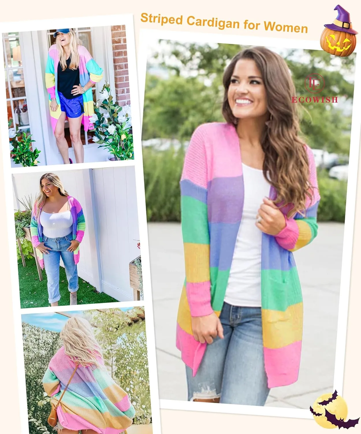 ECOWISH Cardigan Sweaters for Women Fall Causal Color Block Striped Long Sleeve Open Front Cozy Knitted Coats Spring Outwear