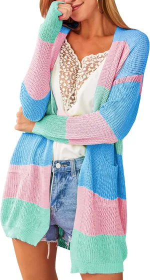 ECOWISH Cardigan Sweaters for Women Fall Causal Color Block Striped Long Sleeve Open Front Cozy Knitted Coats Spring Outwear