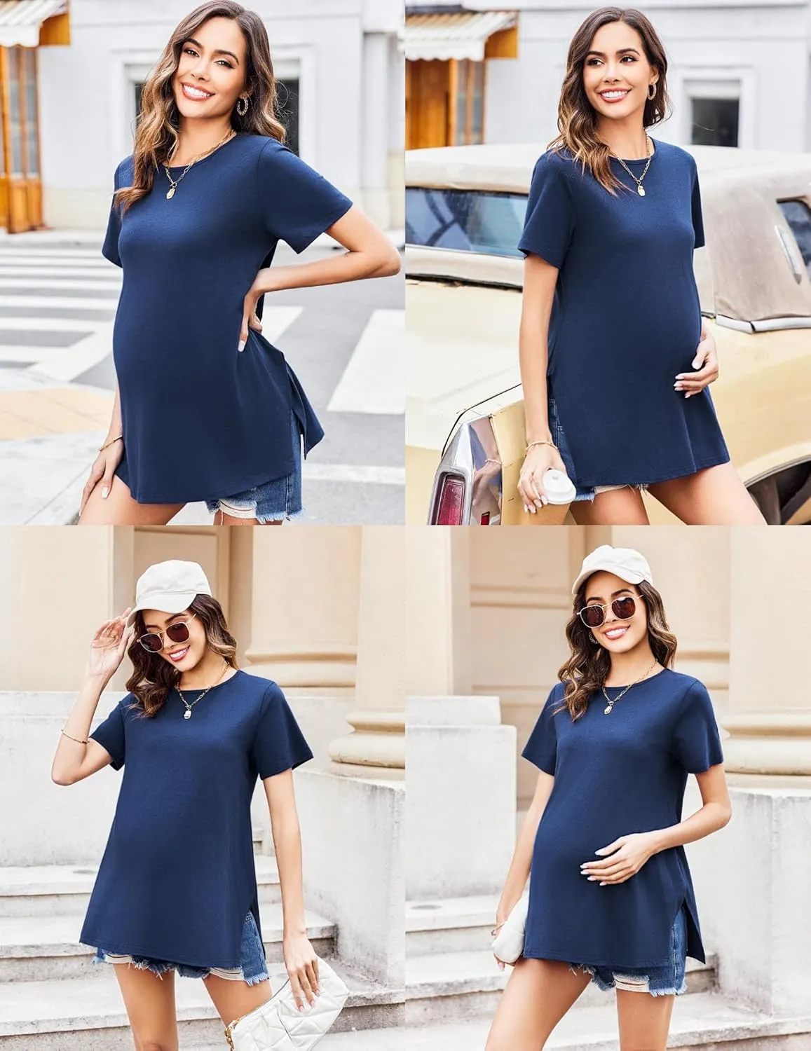 Ekouaer 3 Pack Maternity Shirts Short Sleeve Split Side Pregnancy Tops Casual Pregnant Tunic Blouse