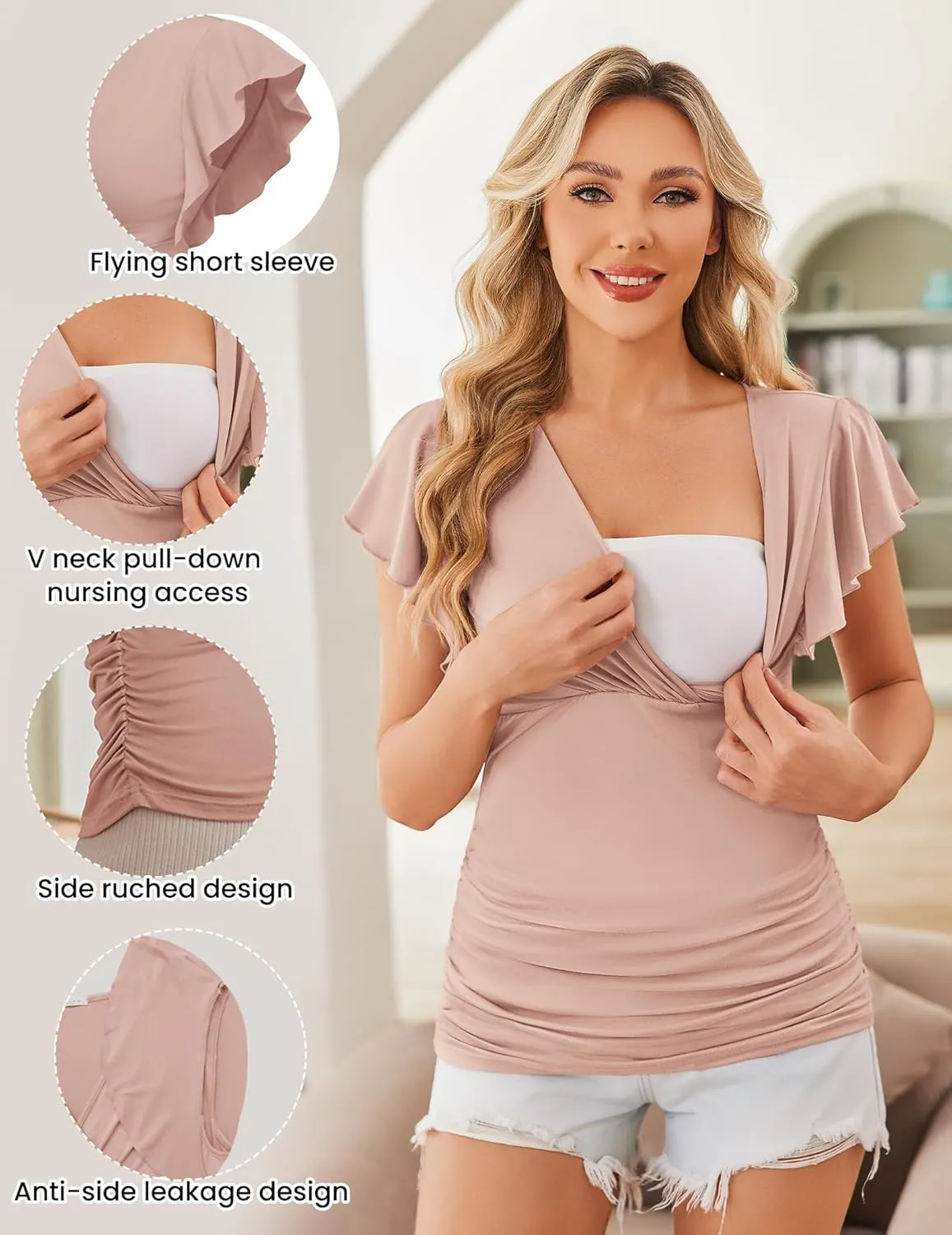 Ekouaer Women's Maternity Shirts 3 Packs Nursing Tops Flying Short Sleeve Breastfeeding Tees Side Ruched Pregnancy Clothes