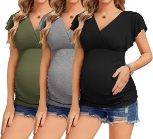 Ekouaer Women's Maternity Shirts 3 Packs Nursing Tops Flying Short Sleeve Breastfeeding Tees Side Ruched Pregnancy Clothes