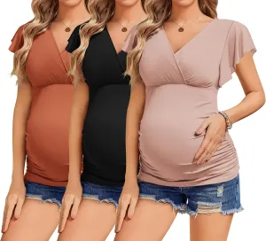 Ekouaer Women's Maternity Shirts 3 Packs Nursing Tops Flying Short Sleeve Breastfeeding Tees Side Ruched Pregnancy Clothes