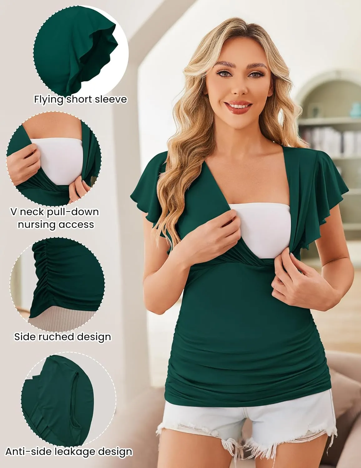 Ekouaer Women's Maternity Shirts 3 Packs Nursing Tops Flying Short Sleeve Breastfeeding Tees Side Ruched Pregnancy Clothes