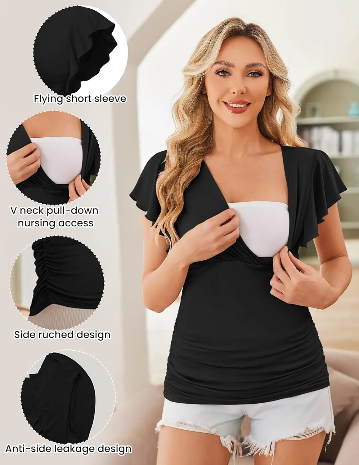 Ekouaer Women's Maternity Shirts 3 Packs Nursing Tops Flying Short Sleeve Breastfeeding Tees Side Ruched Pregnancy Clothes