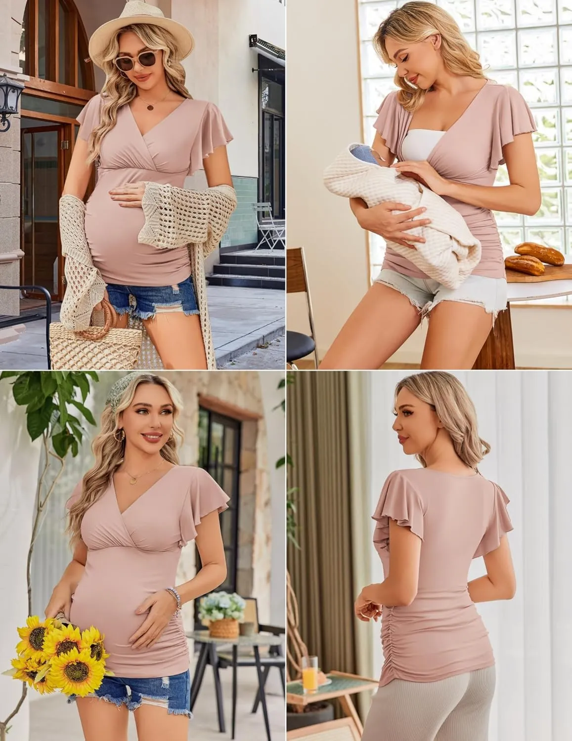 Ekouaer Women's Maternity Shirts 3 Packs Nursing Tops Flying Short Sleeve Breastfeeding Tees Side Ruched Pregnancy Clothes