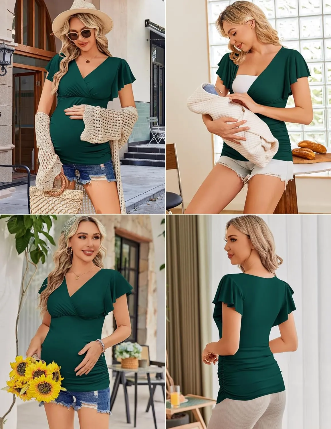 Ekouaer Women's Maternity Shirts 3 Packs Nursing Tops Flying Short Sleeve Breastfeeding Tees Side Ruched Pregnancy Clothes