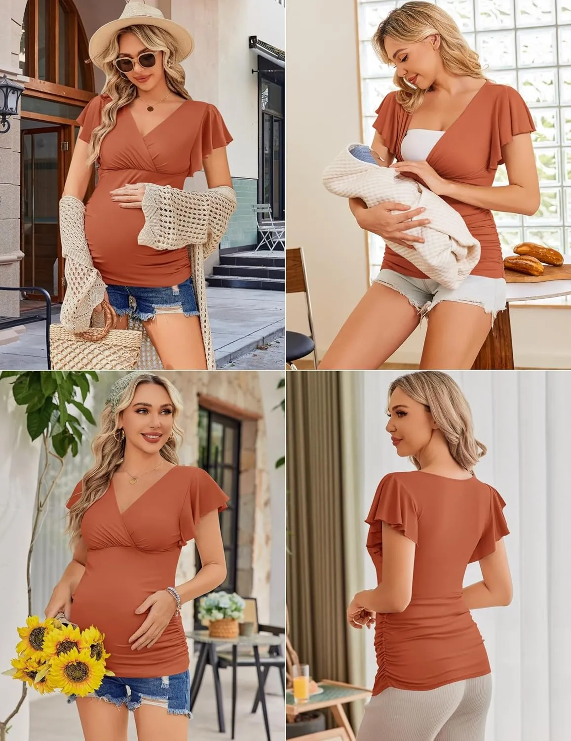 Ekouaer Women's Maternity Shirts 3 Packs Nursing Tops Flying Short Sleeve Breastfeeding Tees Side Ruched Pregnancy Clothes
