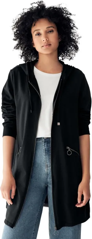 ellos Women's Plus Size Zip-Front Hoodie With Zip Pockets French Terry Long Oversized Jacket