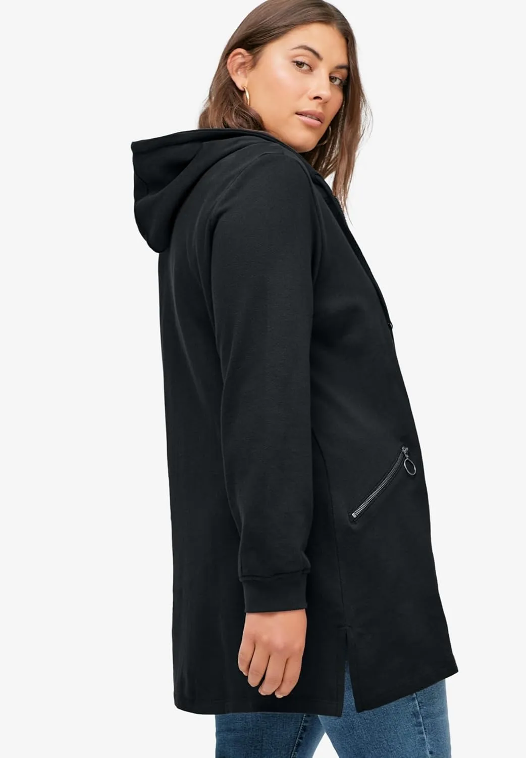 ellos Women's Plus Size Zip-Front Hoodie With Zip Pockets French Terry Long Oversized Jacket