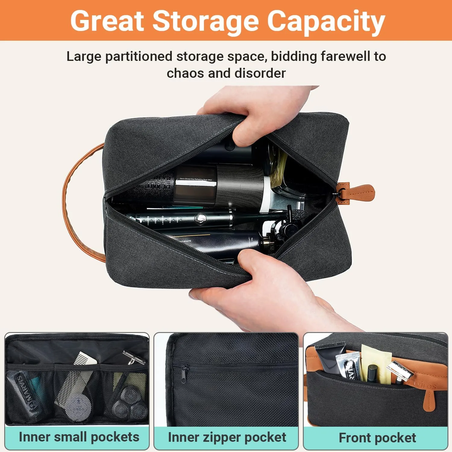 Elviros Travel Toiletry Bag for Men Hanging Dopp Kit Water Repellent PU Leather Shaving Bag with Large Capacity for Travel and Bathroom, Black