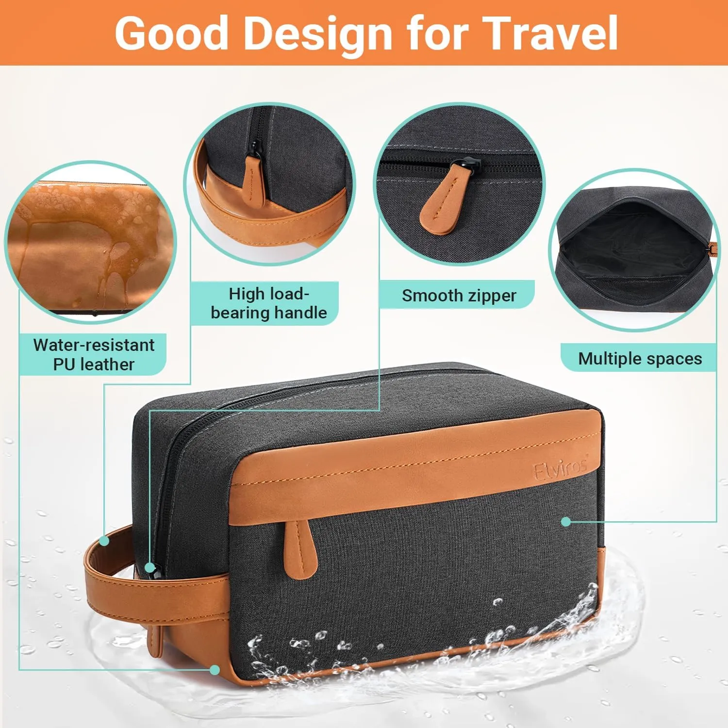Elviros Travel Toiletry Bag for Men Hanging Dopp Kit Water Repellent PU Leather Shaving Bag with Large Capacity for Travel and Bathroom, Black