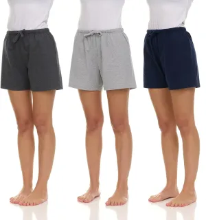 Essential Elements 3 Pack: Women's 100% Cotton Casual Active Gym Lounge Sleep Bottom Pajama Shorts