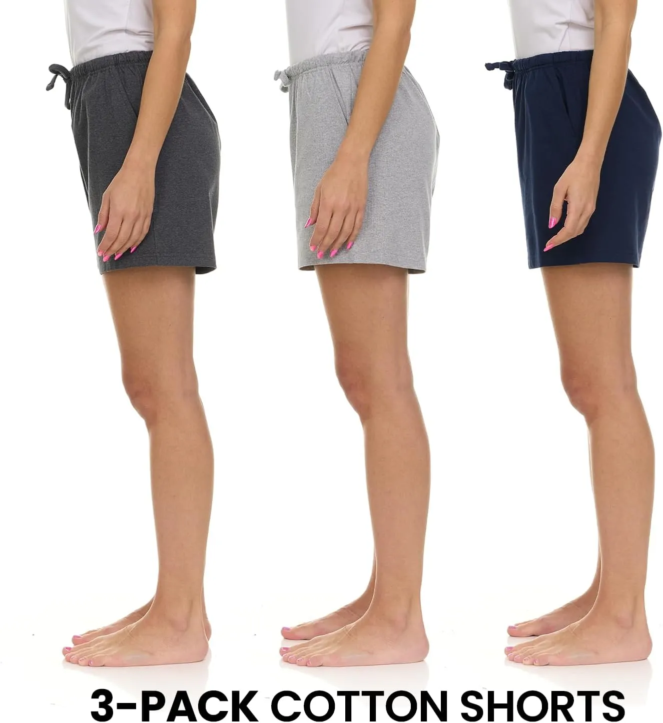 Essential Elements 3 Pack: Women's 100% Cotton Casual Active Gym Lounge Sleep Bottom Pajama Shorts