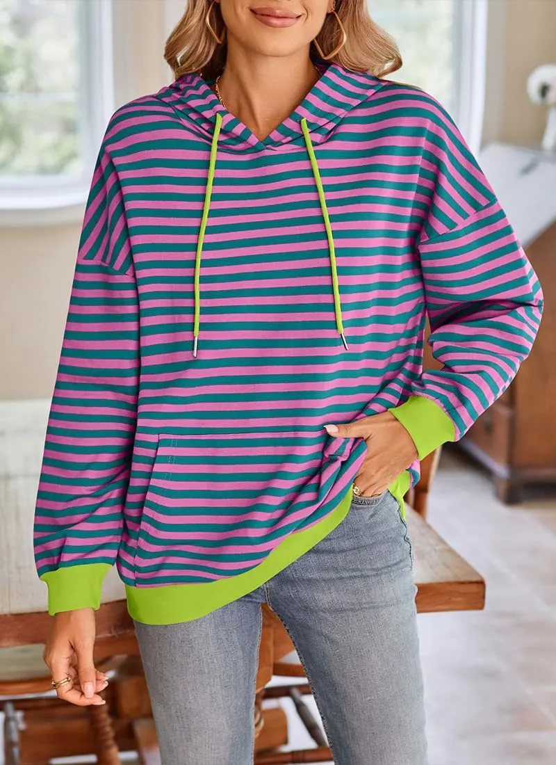 EUDOLAH Women Striped Hoodie Color Block Oversized Hoodies Long Sleeve Hooded Neck Fashion Top Casual Loose Y2K Clothing