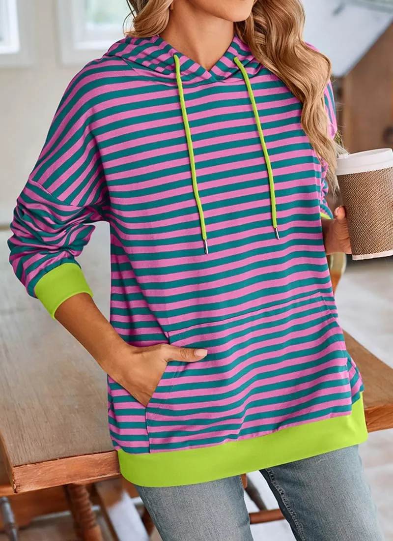 EUDOLAH Women Striped Hoodie Color Block Oversized Hoodies Long Sleeve Hooded Neck Fashion Top Casual Loose Y2K Clothing