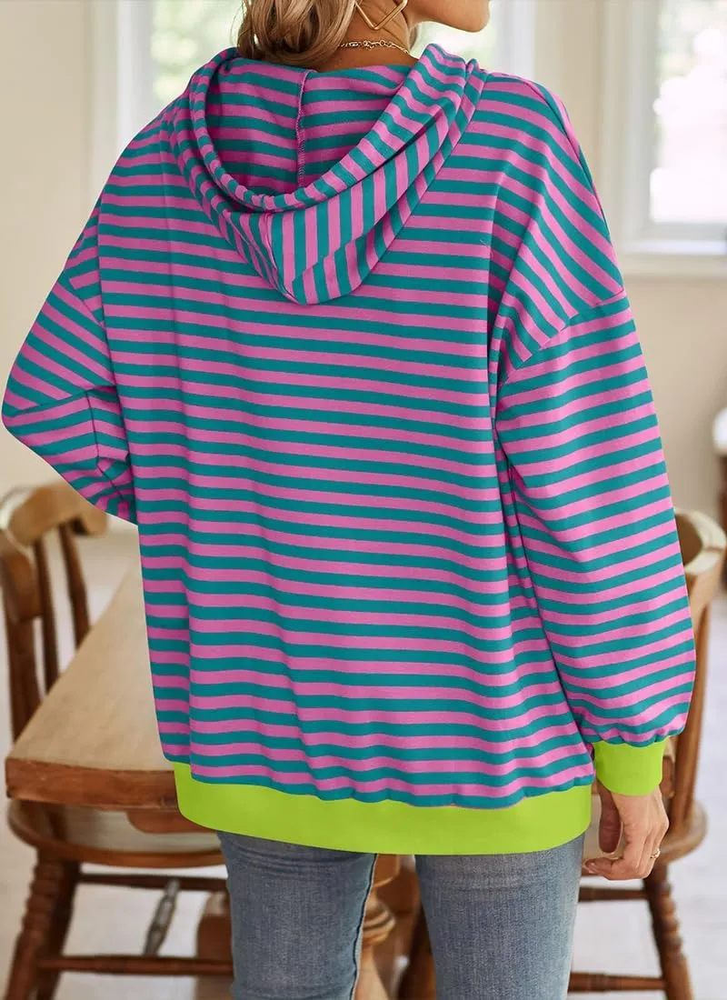 EUDOLAH Women Striped Hoodie Color Block Oversized Hoodies Long Sleeve Hooded Neck Fashion Top Casual Loose Y2K Clothing