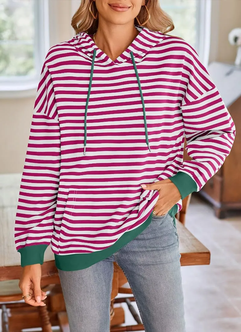 EUDOLAH Women Striped Hoodie Color Block Oversized Hoodies Long Sleeve Hooded Neck Fashion Top Casual Loose Y2K Clothing