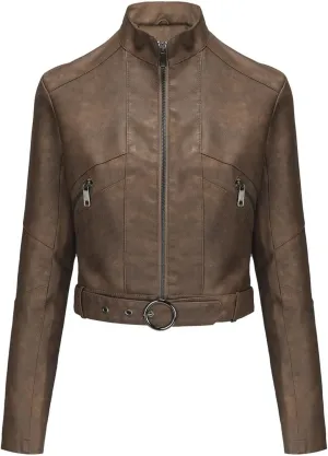 Faux Leather Jacket for Women 2024 Solid Zip Up Long Sleeve Motorcycle Jackets Slim Fit Ging Out Crop Coat