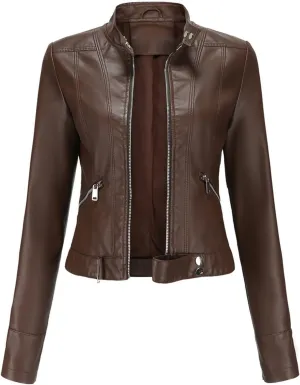 Faux Leather Jacket for Women 2024 Solid Zip Up Long Sleeve Motorcycle Jackets Slim Fit Ging Out Crop Coat