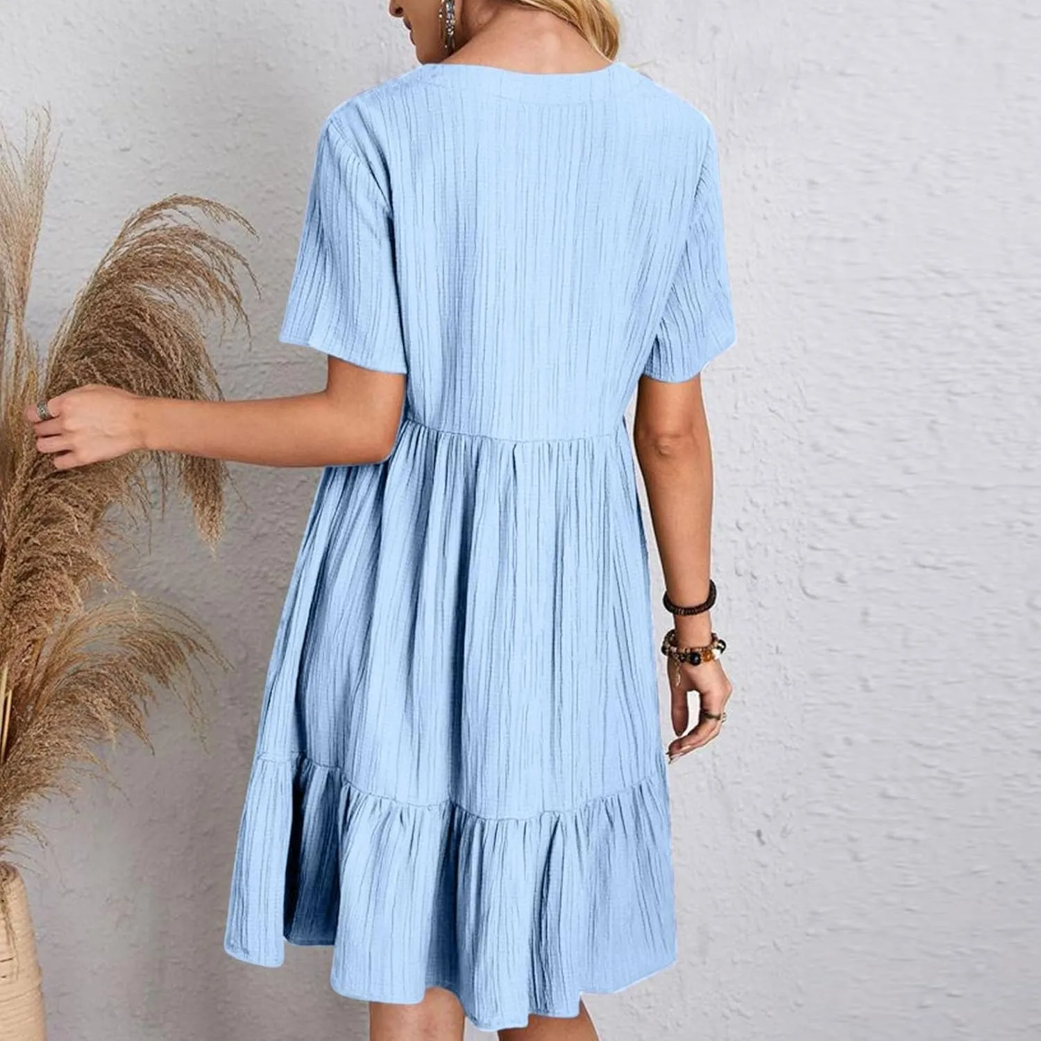Flowy Dresses for Women 2025 Summer Short Sleeve Beach Dress Ruffle Tiered Layered A-Line Sundress Travel Boho Dress