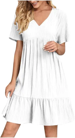 Flowy Dresses for Women 2025 Summer Short Sleeve Beach Dress Ruffle Tiered Layered A-Line Sundress Travel Boho Dress