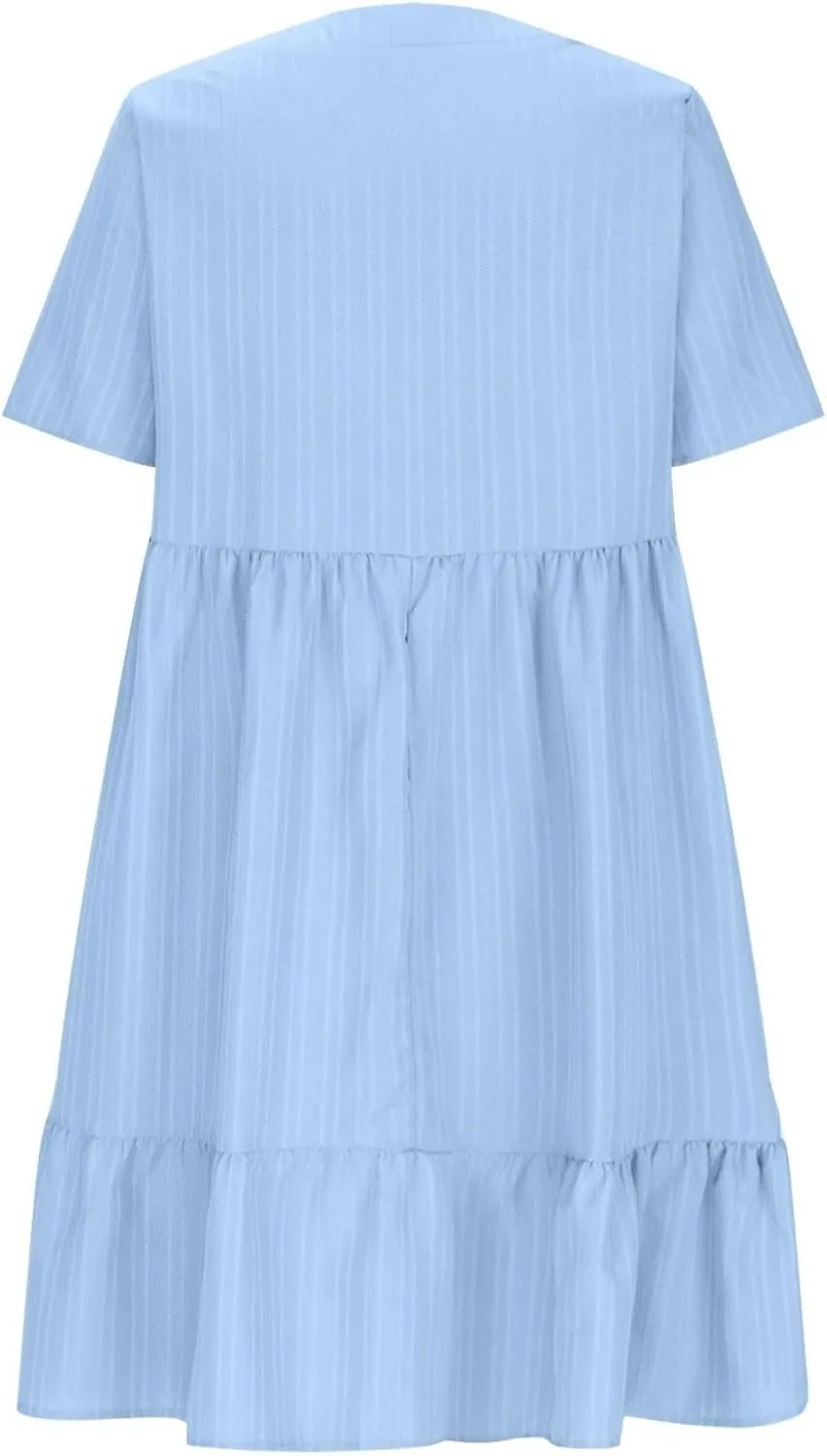 Flowy Dresses for Women 2025 Summer Short Sleeve Beach Dress Ruffle Tiered Layered A-Line Sundress Travel Boho Dress