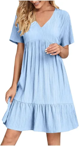 Flowy Dresses for Women 2025 Summer Short Sleeve Beach Dress Ruffle Tiered Layered A-Line Sundress Travel Boho Dress