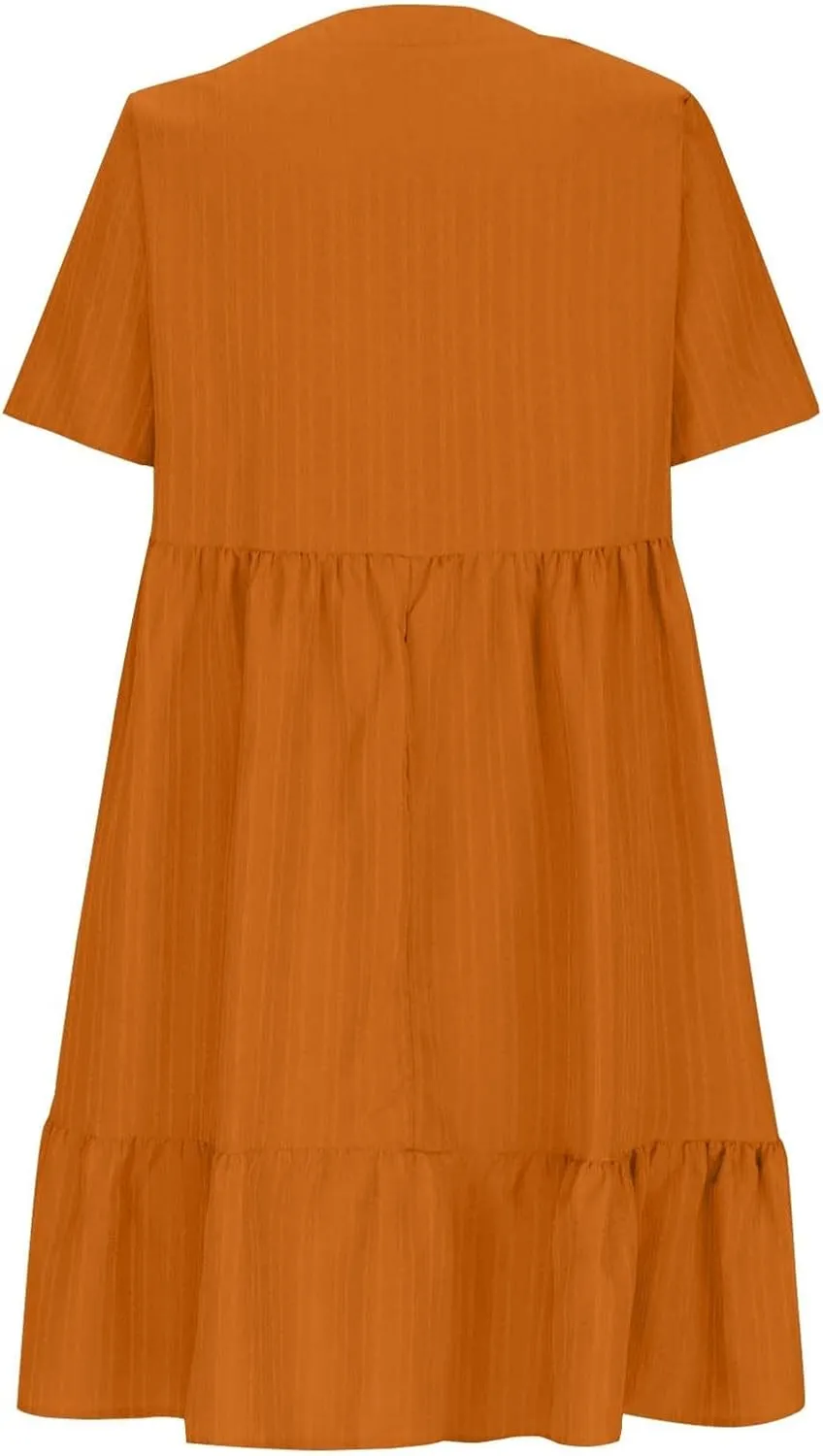 Flowy Dresses for Women 2025 Summer Short Sleeve Beach Dress Ruffle Tiered Layered A-Line Sundress Travel Boho Dress